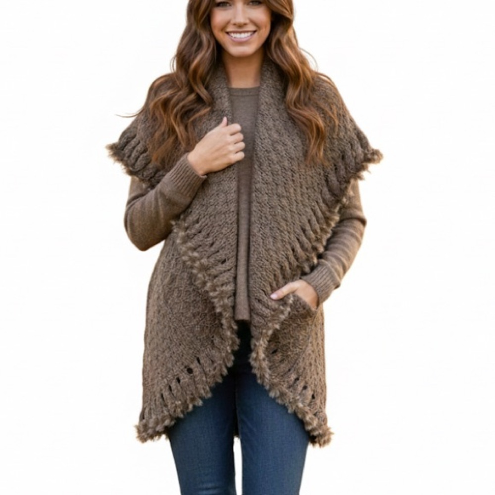 Sioni Brown Knit Cocoon Style Knit Sweater Vest With Faux Fur Trim Size S/M